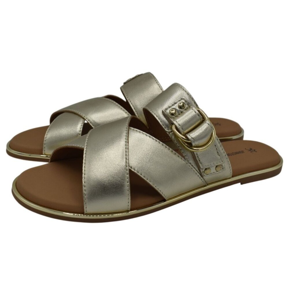 Johnston & Murphy Women 7.5 Shayla Cross-Band Gold Metallic Sheepskin Sandals